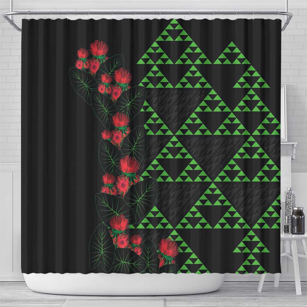 Hawaiian Green Kakau Art Tattoo-Ohia Lehua and Taro Leaves Shower Curtain LT03 - Polynesian Pride