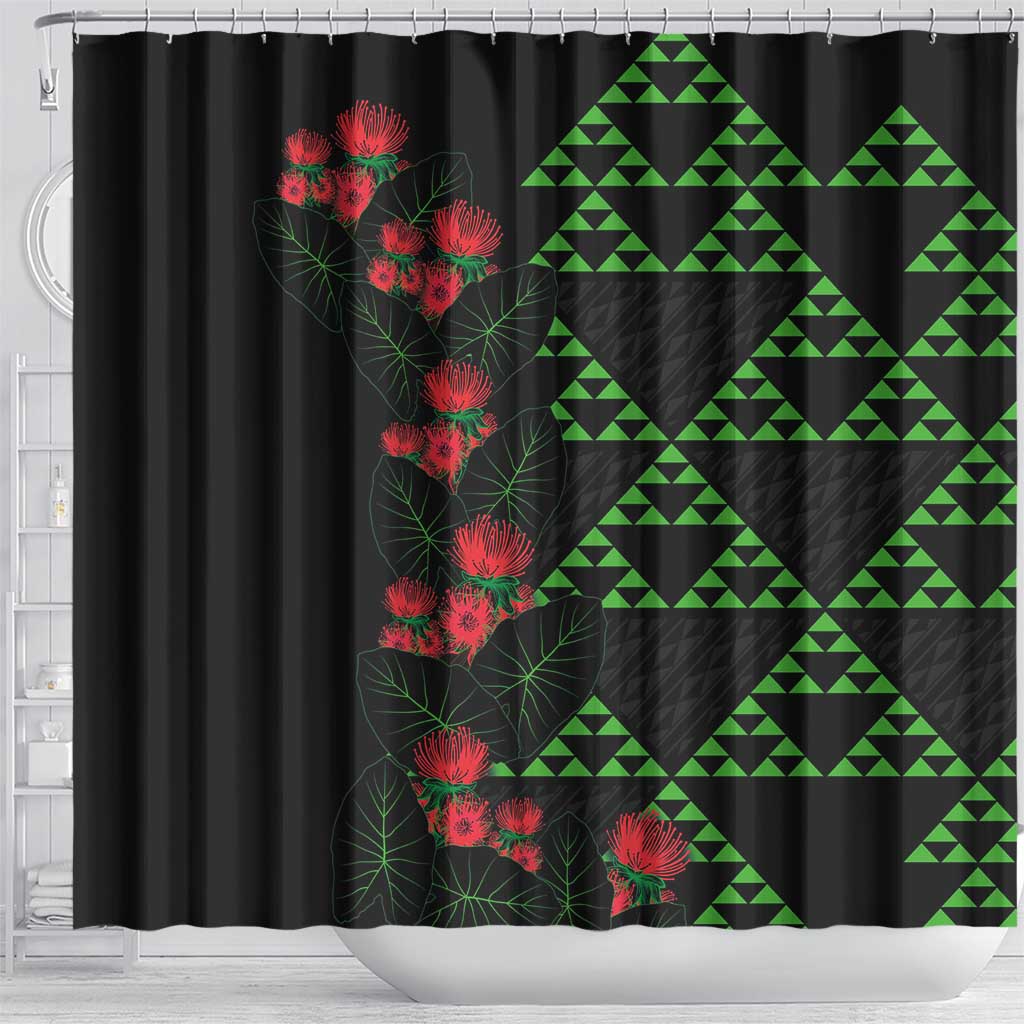 Hawaiian Green Kakau Art Tattoo-Ohia Lehua and Taro Leaves Shower Curtain LT03 - Polynesian Pride