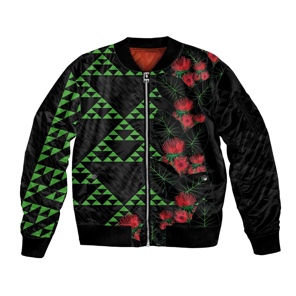 Hawaiian Green Kakau Art Tattoo-Ohia Lehua and Taro Leaves Sleeve Zip Bomber Jacket LT03 Unisex Black-Green - Polynesian Pride