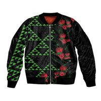 Hawaiian Green Kakau Art Tattoo-Ohia Lehua and Taro Leaves Sleeve Zip Bomber Jacket LT03 Unisex Black-Green - Polynesian Pride