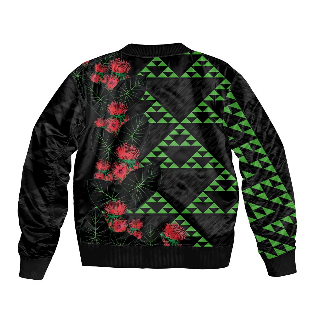 Hawaiian Green Kakau Art Tattoo-Ohia Lehua and Taro Leaves Sleeve Zip Bomber Jacket LT03 - Polynesian Pride