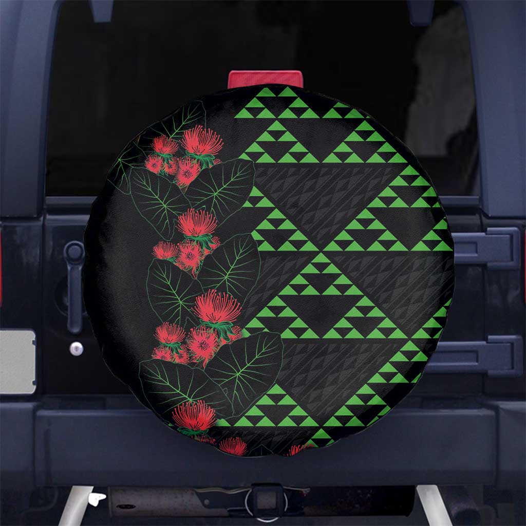 Hawaiian Green Kakau Art Tattoo-Ohia Lehua and Taro Leaves Spare Tire Cover LT03 No hole Black-Green - Polynesian Pride