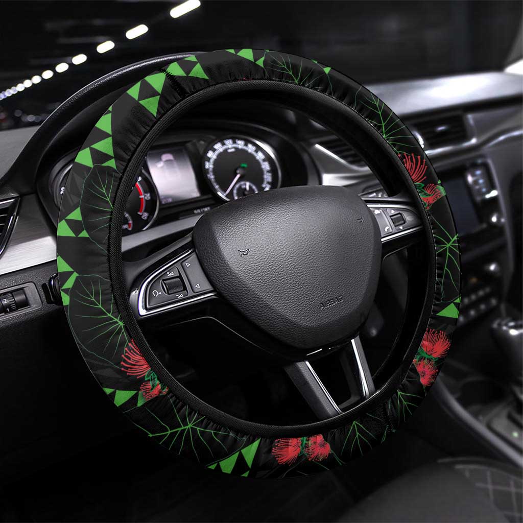 Hawaiian Green Kakau Art Tattoo-Ohia Lehua and Taro Leaves Steering Wheel Cover LT03 Universal Fit Black-Green - Polynesian Pride