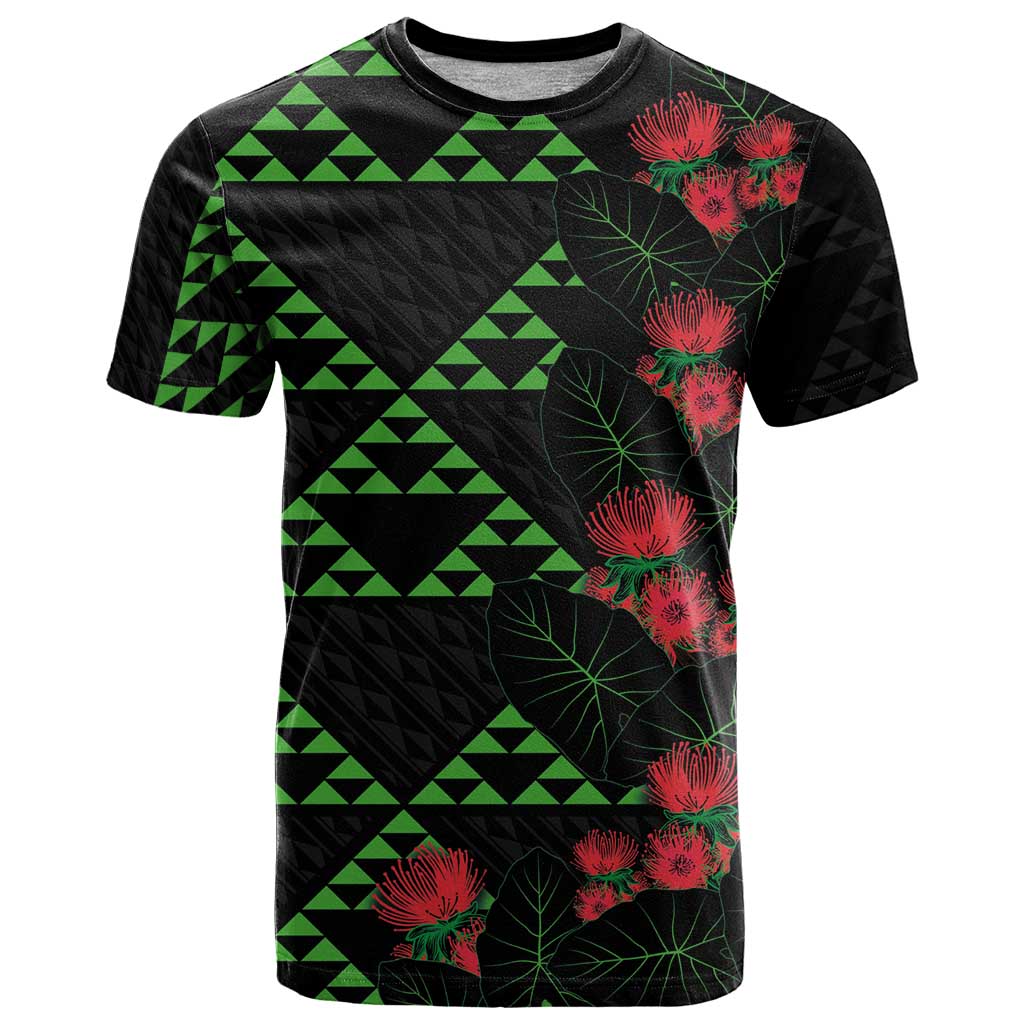 Hawaiian Green Kakau Art Tattoo-Ohia Lehua and Taro Leaves T Shirt LT03 Black-Green - Polynesian Pride
