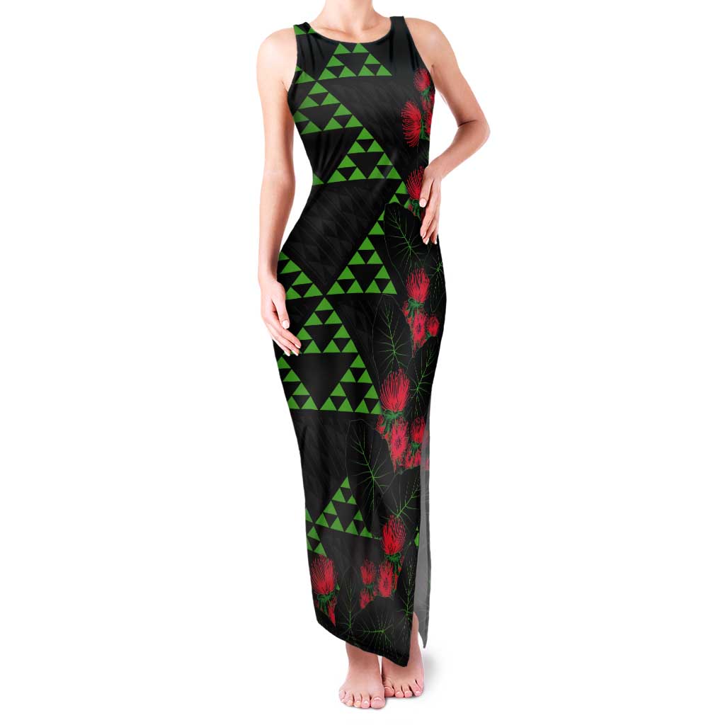 Hawaiian Green Kakau Art Tattoo-Ohia Lehua and Taro Leaves Tank Maxi Dress LT03 Women Black-Green - Polynesian Pride