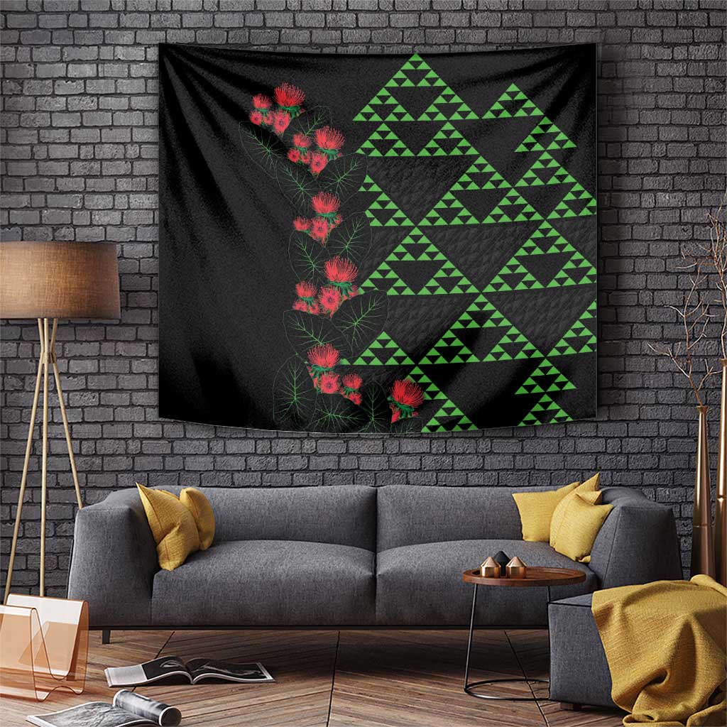 Hawaiian Green Kakau Art Tattoo-Ohia Lehua and Taro Leaves Tapestry LT03 Black-Green - Polynesian Pride