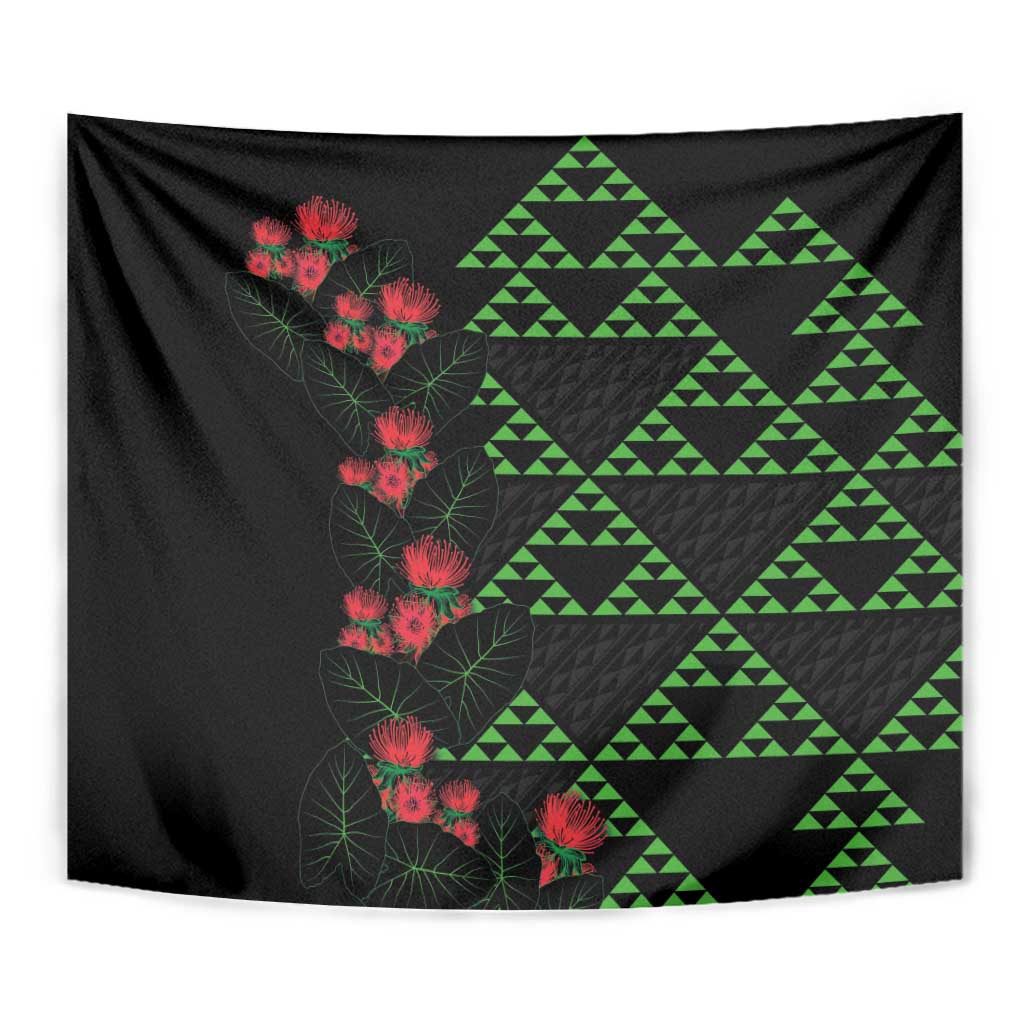 Hawaiian Green Kakau Art Tattoo-Ohia Lehua and Taro Leaves Tapestry LT03 - Polynesian Pride