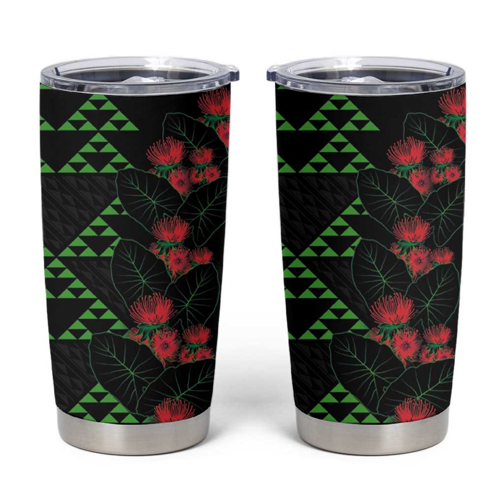 Hawaiian Green Kakau Art Tattoo-Ohia Lehua and Taro Leaves Tumbler Cup LT03 Black-Green - Polynesian Pride