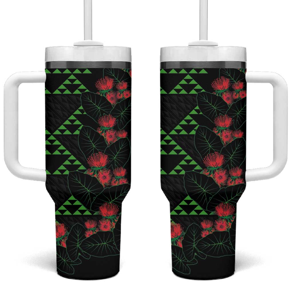 Hawaiian Green Kakau Art Tattoo-Ohia Lehua and Taro Leaves Tumbler With Handle LT03 One Size: 40 oz Black-Green - Polynesian Pride