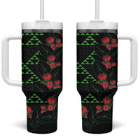Hawaiian Green Kakau Art Tattoo-Ohia Lehua and Taro Leaves Tumbler With Handle LT03 One Size: 40 oz Black-Green - Polynesian Pride