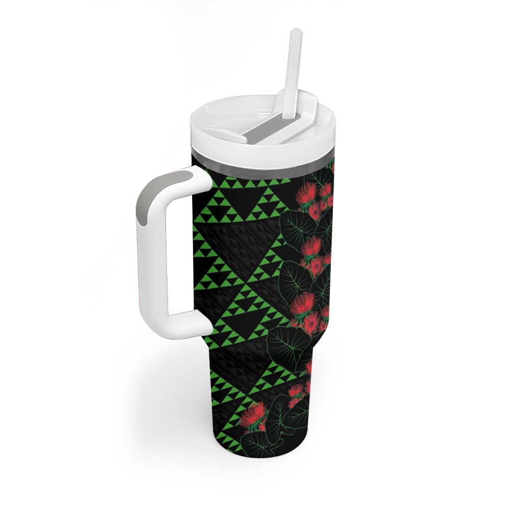 Hawaiian Green Kakau Art Tattoo-Ohia Lehua and Taro Leaves Tumbler With Handle LT03 - Polynesian Pride
