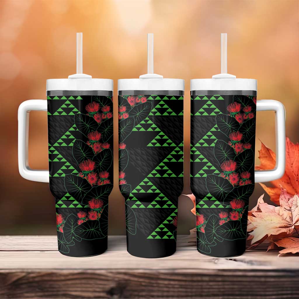 Hawaiian Green Kakau Art Tattoo-Ohia Lehua and Taro Leaves Tumbler With Handle LT03 - Polynesian Pride