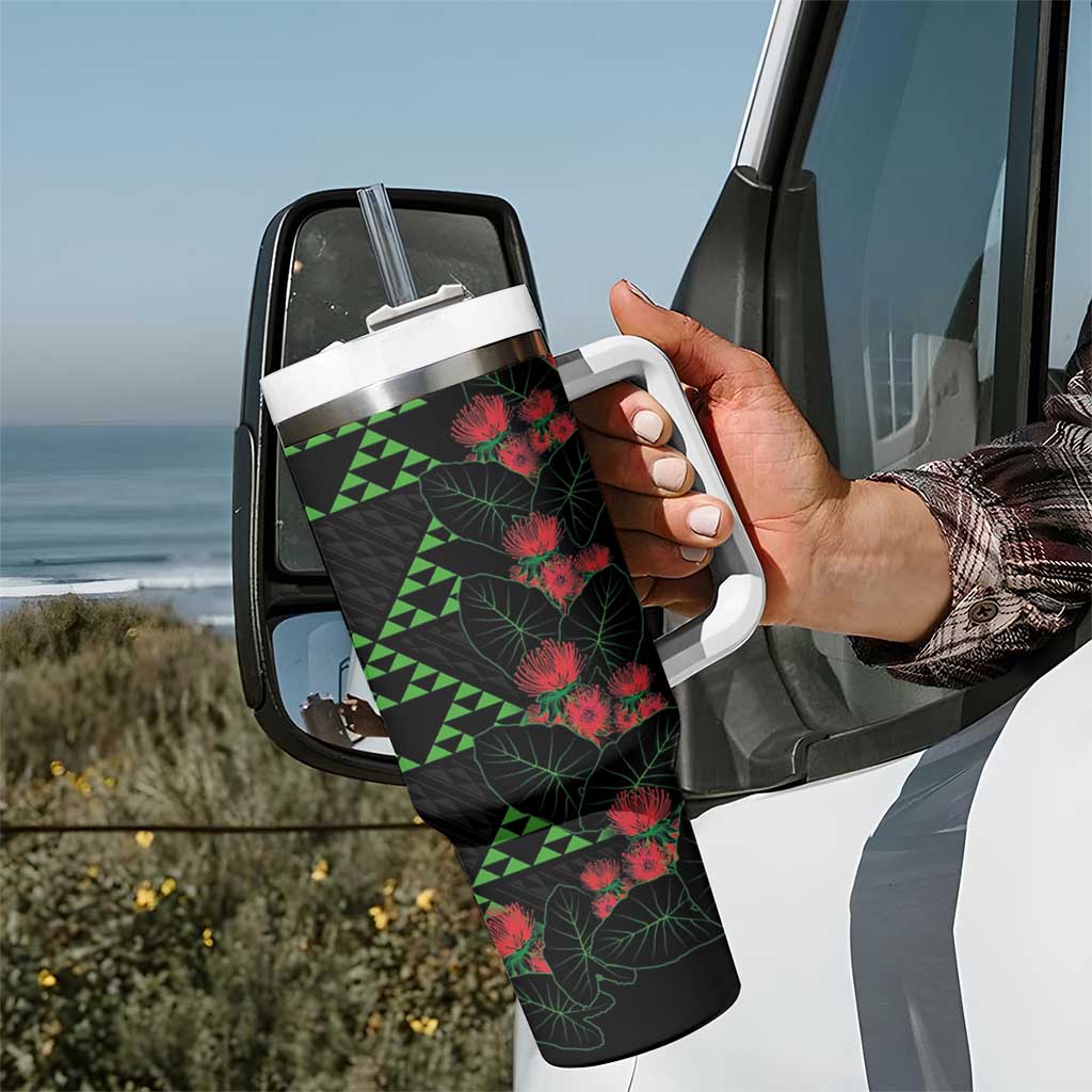 Hawaiian Green Kakau Art Tattoo-Ohia Lehua and Taro Leaves Tumbler With Handle LT03 - Polynesian Pride