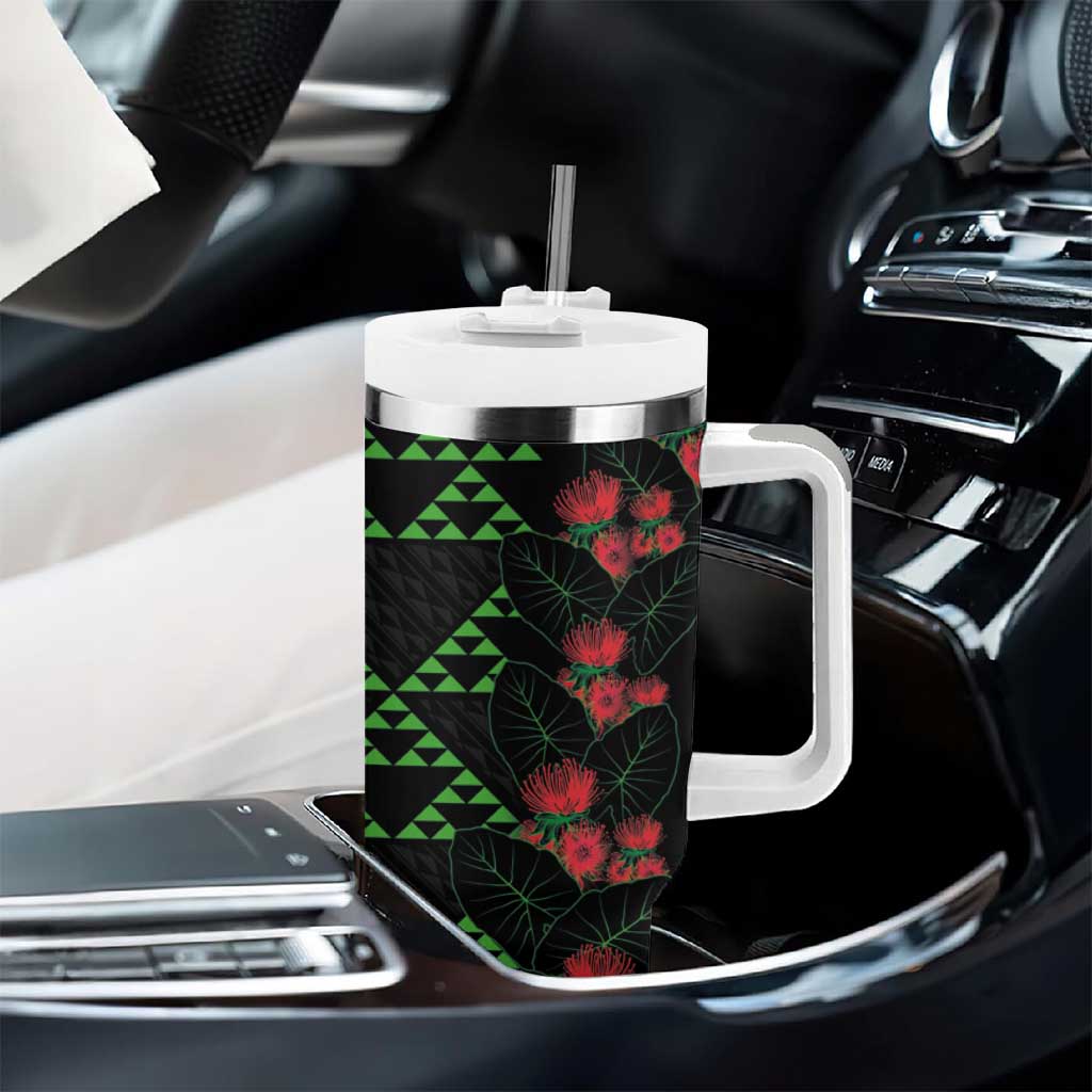 Hawaiian Green Kakau Art Tattoo-Ohia Lehua and Taro Leaves Tumbler With Handle LT03 - Polynesian Pride