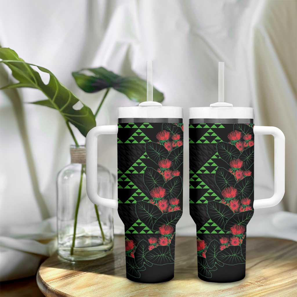 Hawaiian Green Kakau Art Tattoo-Ohia Lehua and Taro Leaves Tumbler With Handle LT03 - Polynesian Pride