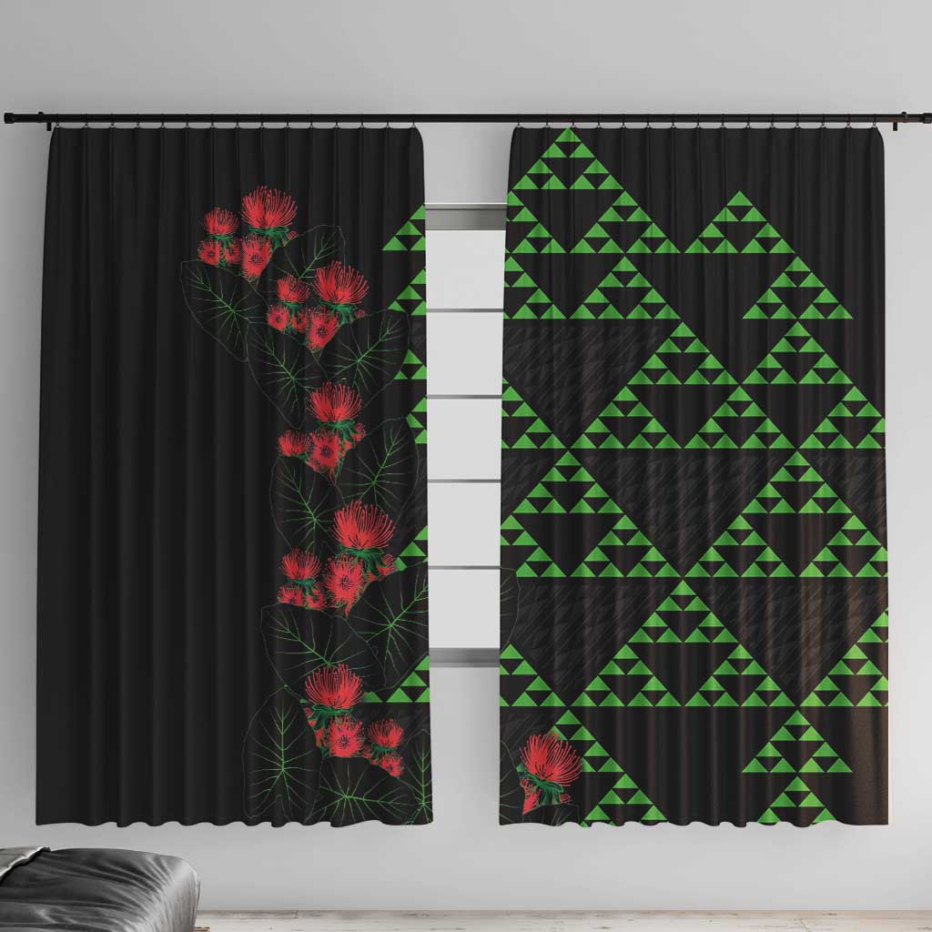 Hawaiian Green Kakau Art Tattoo-Ohia Lehua and Taro Leaves Window Curtain LT03 With Hooks Black-Green - Polynesian Pride