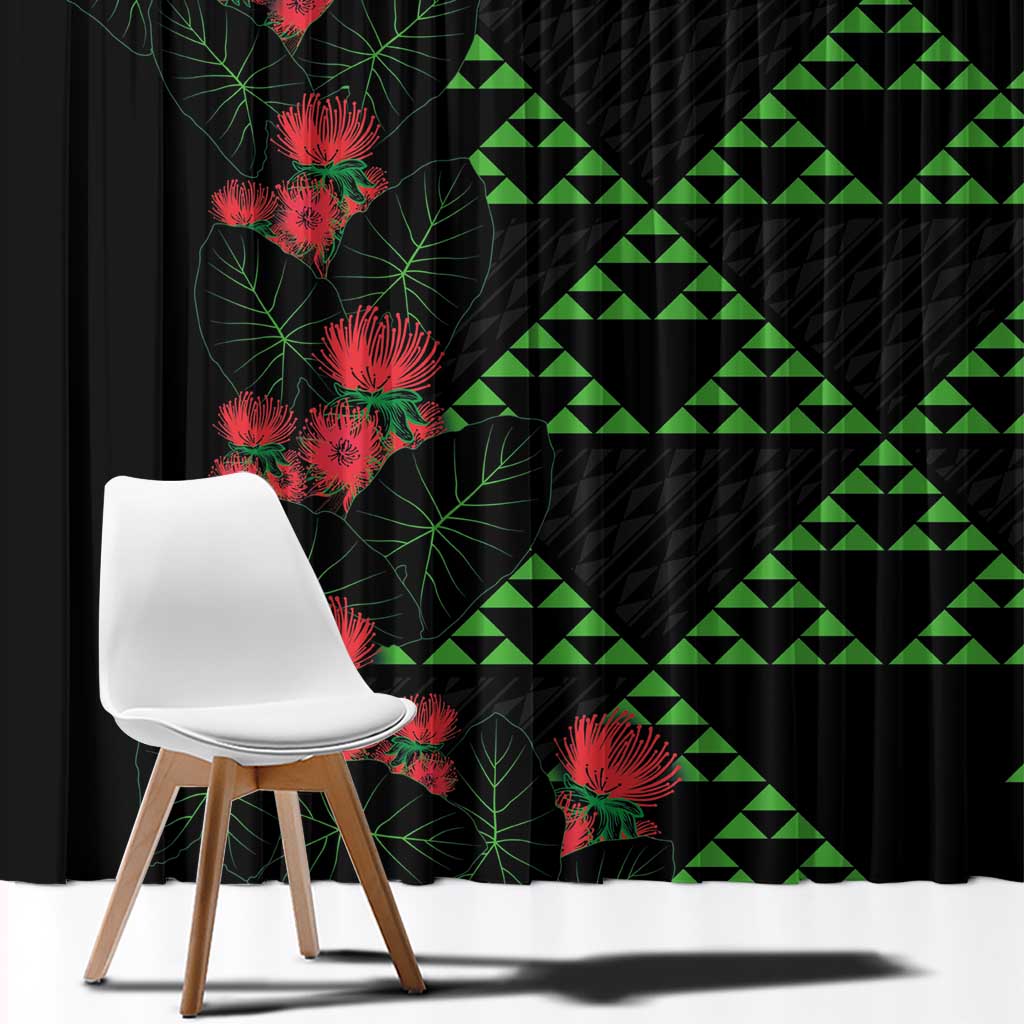 Hawaiian Green Kakau Art Tattoo-Ohia Lehua and Taro Leaves Window Curtain LT03 - Polynesian Pride