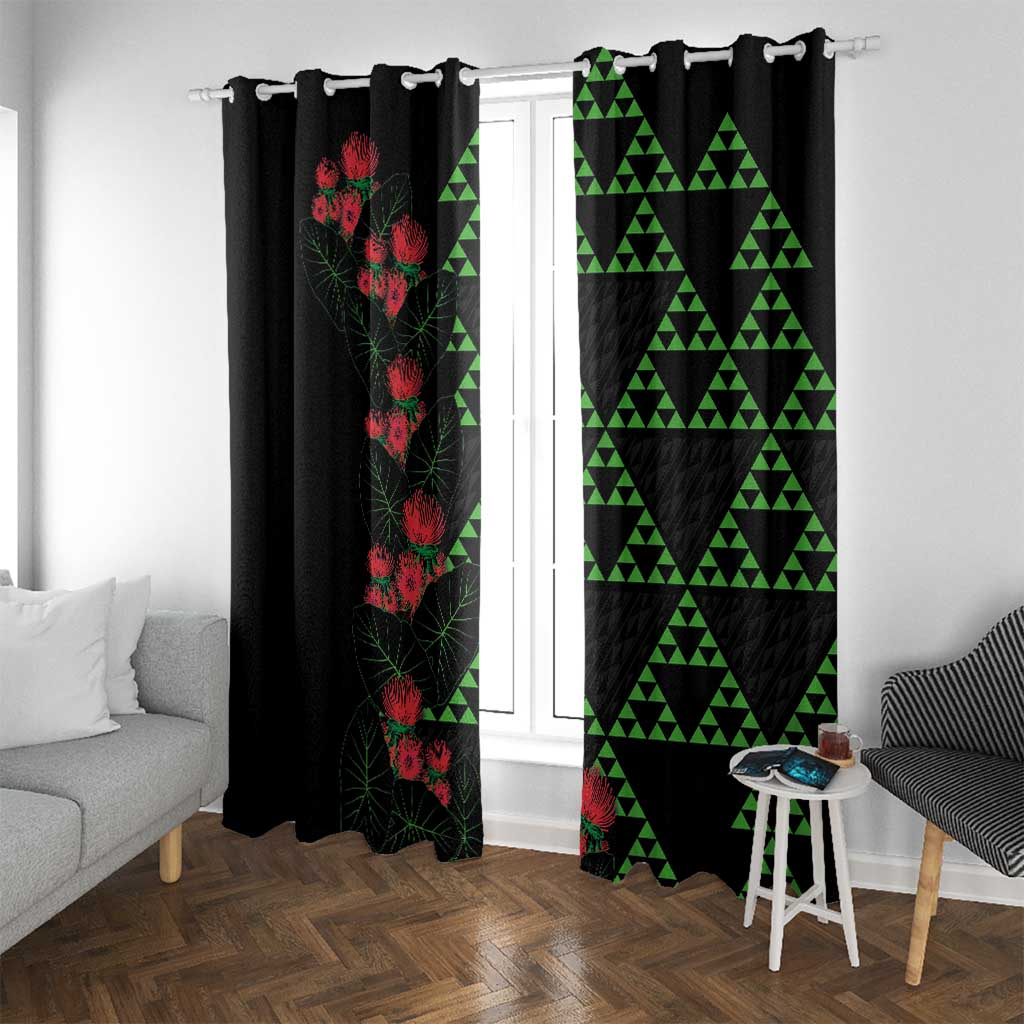 Hawaiian Green Kakau Art Tattoo-Ohia Lehua and Taro Leaves Window Curtain LT03 With Grommets Black-Green - Polynesian Pride