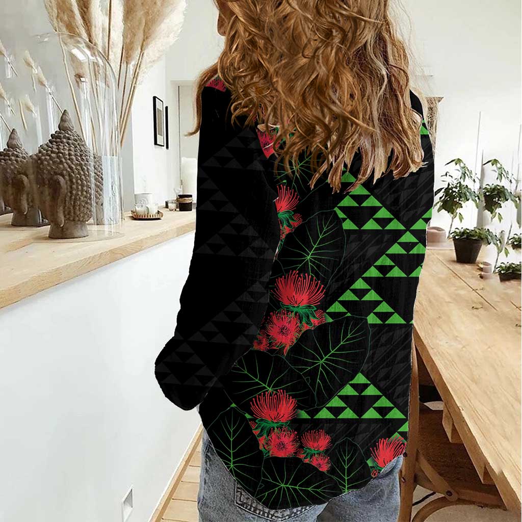 Hawaiian Green Kakau Art Tattoo-Ohia Lehua and Taro Leaves Women Casual Shirt LT03 - Polynesian Pride
