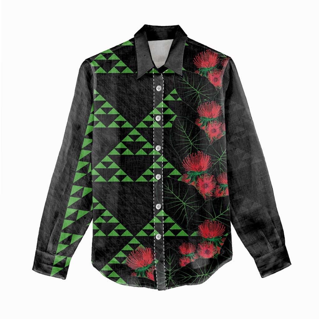 Hawaiian Green Kakau Art Tattoo-Ohia Lehua and Taro Leaves Women Casual Shirt LT03 - Polynesian Pride