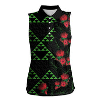 Hawaiian Green Kakau Art Tattoo-Ohia Lehua and Taro Leaves Women Sleeveless Polo Shirt LT03 Female Black-Green - Polynesian Pride