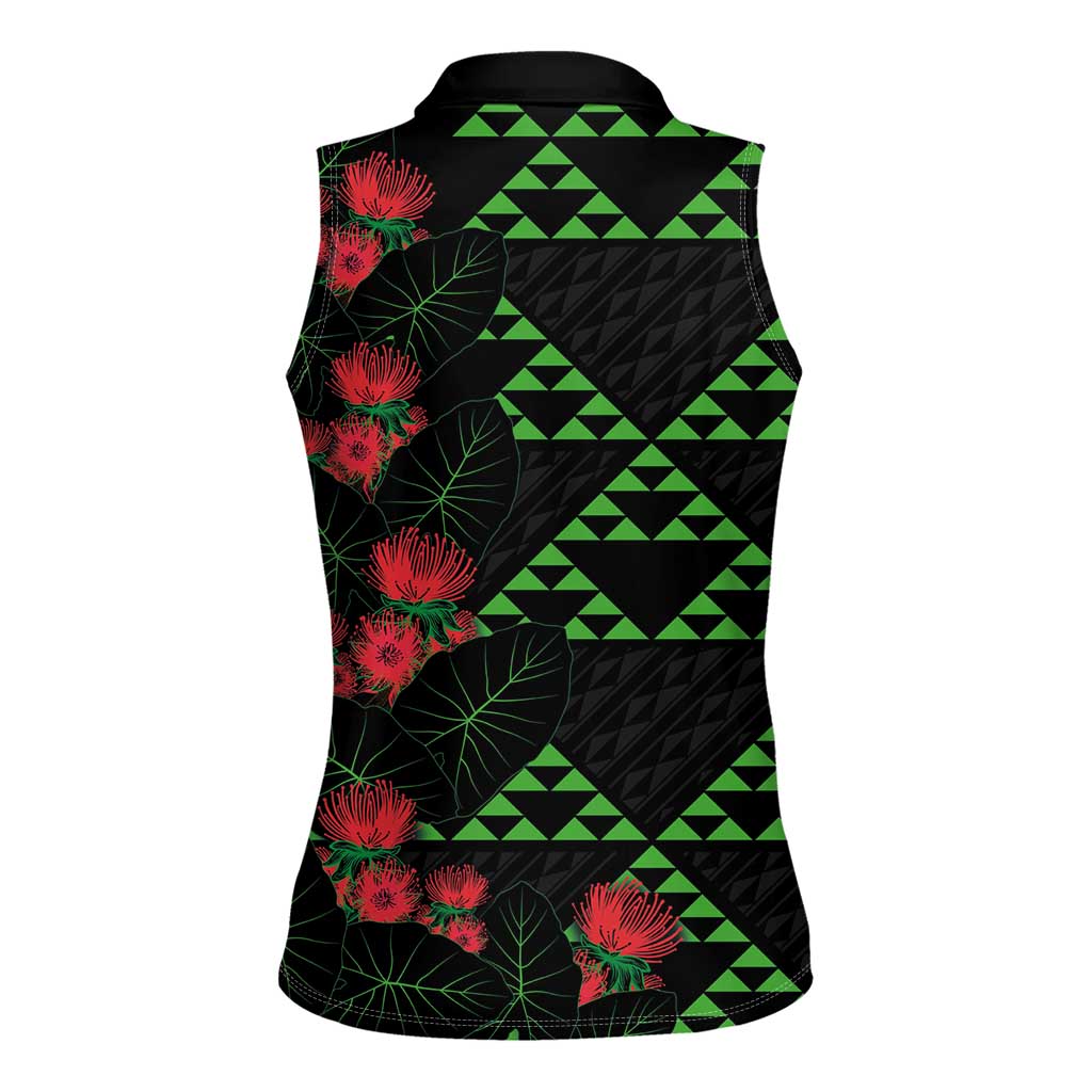 Hawaiian Green Kakau Art Tattoo-Ohia Lehua and Taro Leaves Women Sleeveless Polo Shirt LT03 - Polynesian Pride