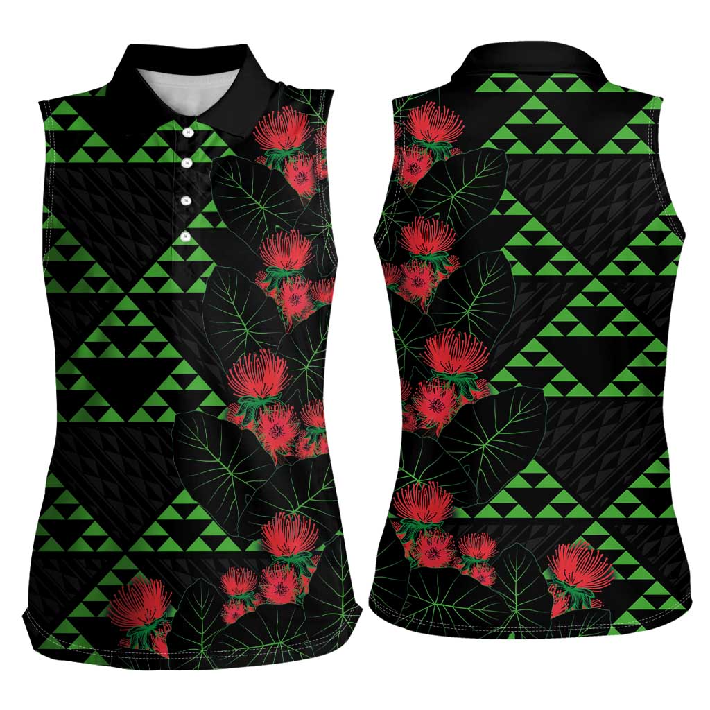Hawaiian Green Kakau Art Tattoo-Ohia Lehua and Taro Leaves Women Sleeveless Polo Shirt LT03 - Polynesian Pride
