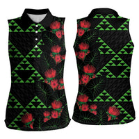 Hawaiian Green Kakau Art Tattoo-Ohia Lehua and Taro Leaves Women Sleeveless Polo Shirt LT03 - Polynesian Pride