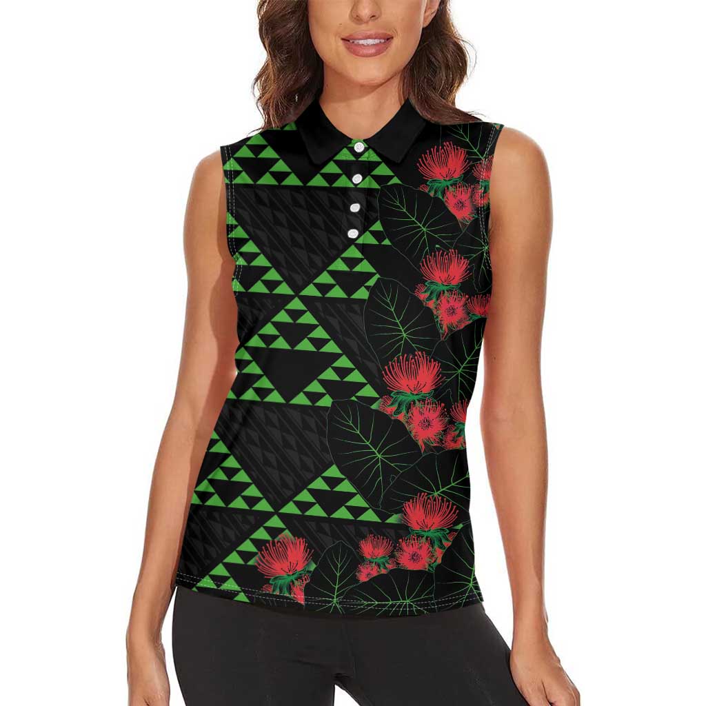 Hawaiian Green Kakau Art Tattoo-Ohia Lehua and Taro Leaves Women Sleeveless Polo Shirt LT03 - Polynesian Pride