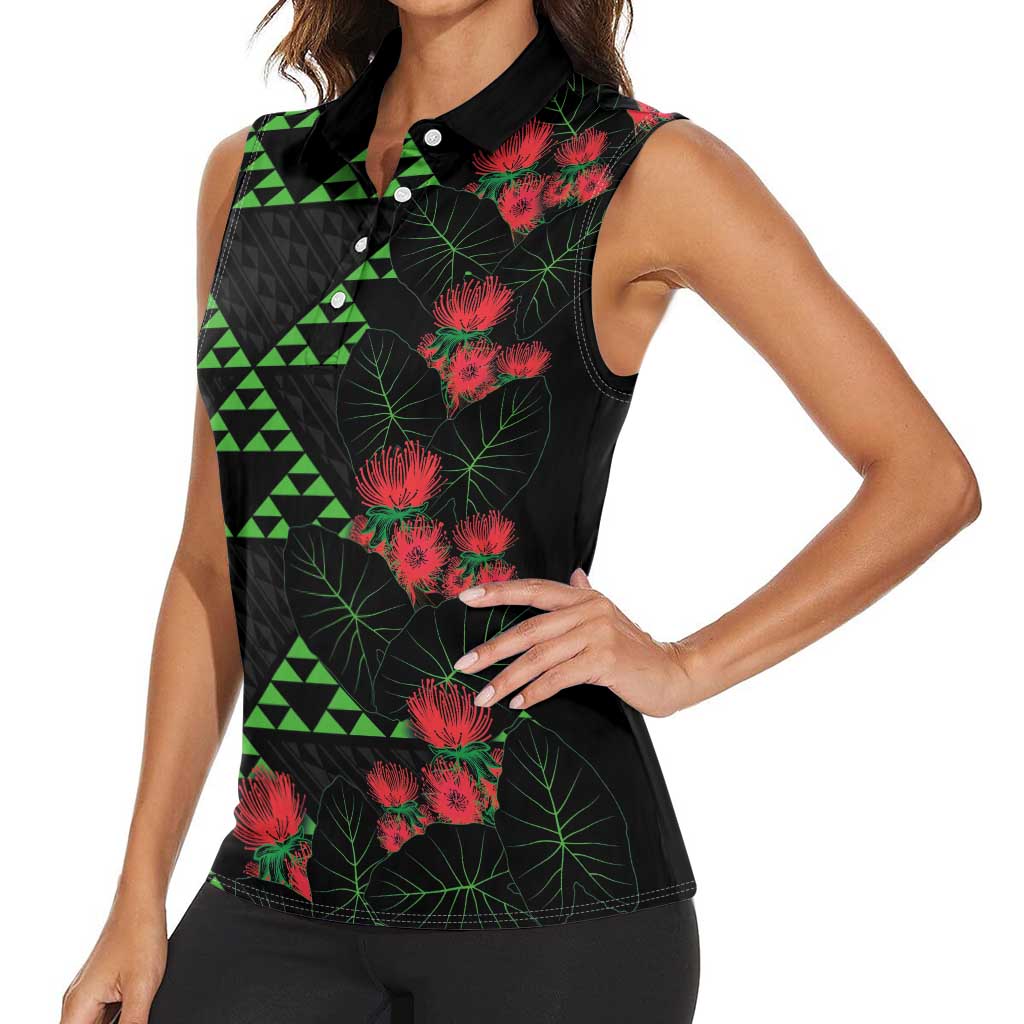 Hawaiian Green Kakau Art Tattoo-Ohia Lehua and Taro Leaves Women Sleeveless Polo Shirt LT03 - Polynesian Pride