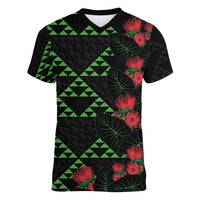Hawaiian Green Kakau Art Tattoo-Ohia Lehua and Taro Leaves Women V-Neck T-Shirt LT03 Female Black-Green - Polynesian Pride