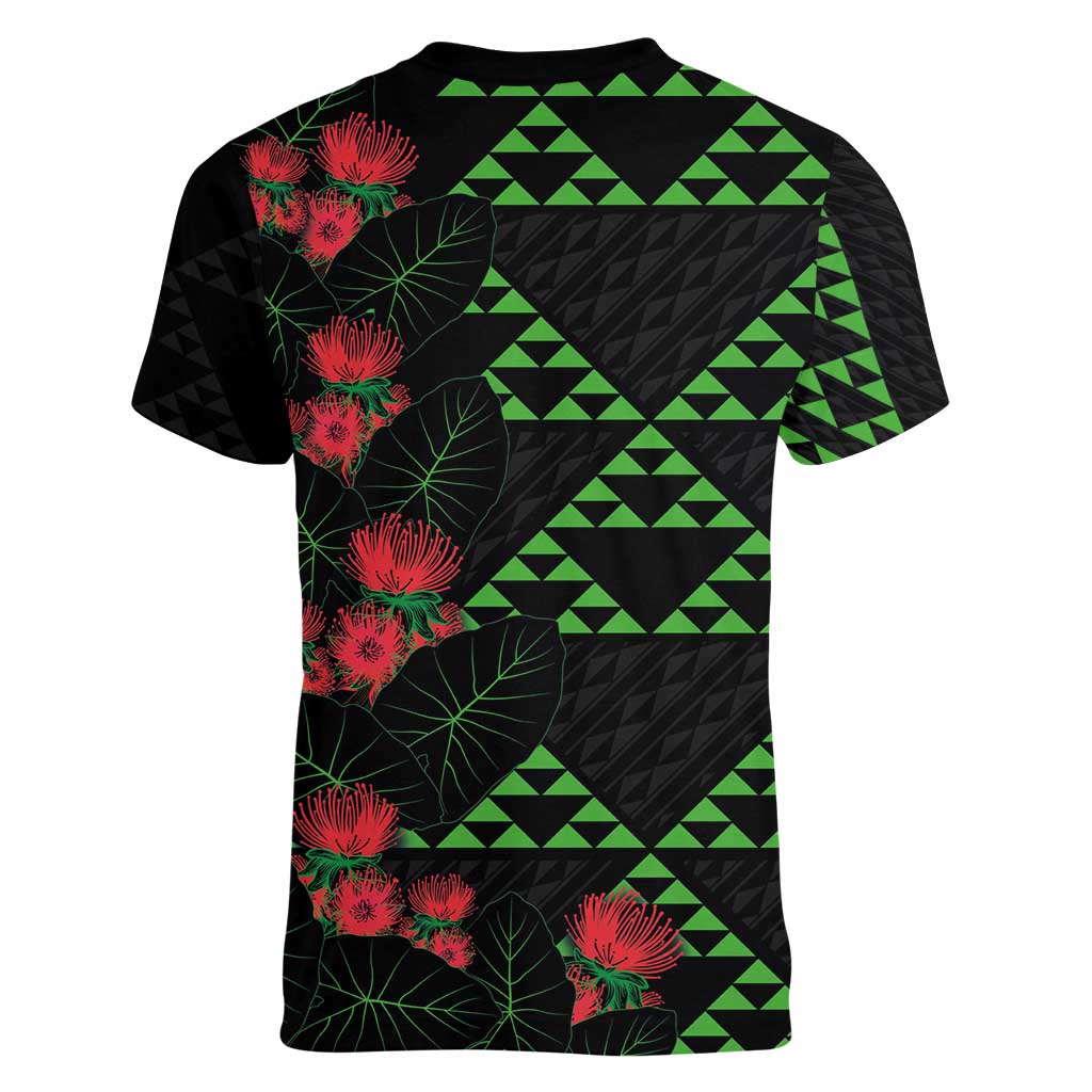 Hawaiian Green Kakau Art Tattoo-Ohia Lehua and Taro Leaves Women V-Neck T-Shirt LT03 - Polynesian Pride
