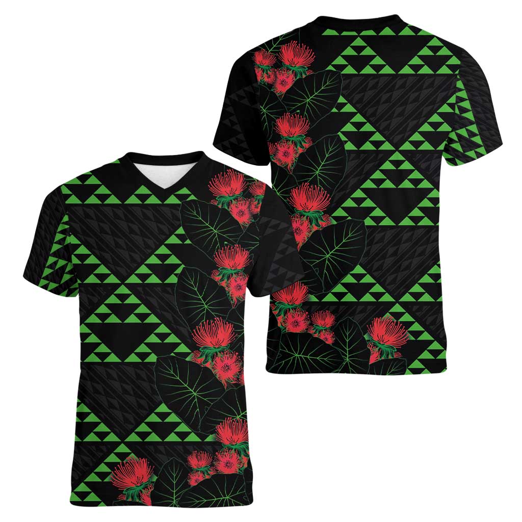 Hawaiian Green Kakau Art Tattoo-Ohia Lehua and Taro Leaves Women V-Neck T-Shirt LT03 - Polynesian Pride