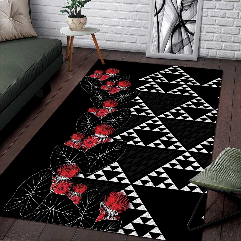 Hawaiian White Kakau Art Tattoo-Ohia Lehua and Taro Leaves Area Rug LT03 Black-White - Polynesian Pride