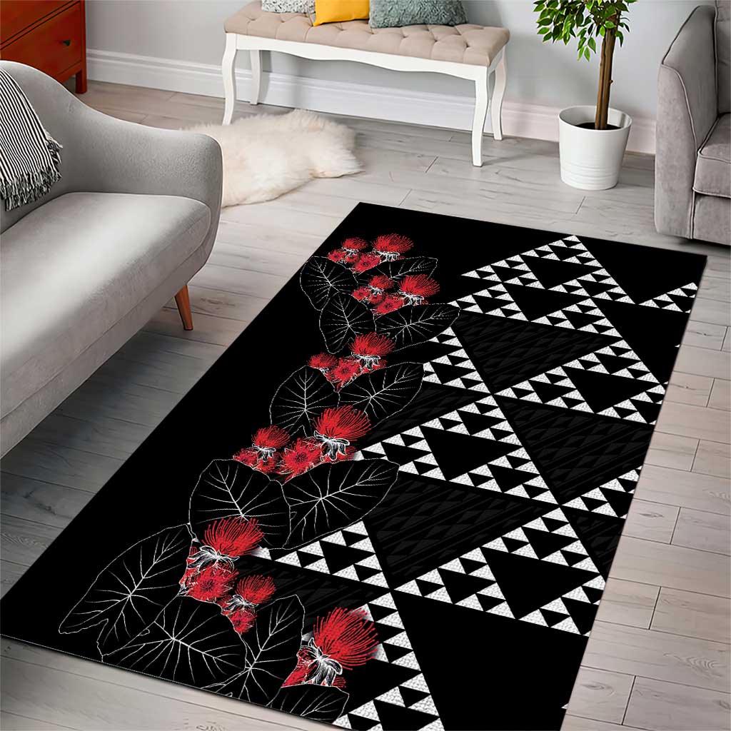 Hawaiian White Kakau Art Tattoo-Ohia Lehua and Taro Leaves Area Rug LT03 - Polynesian Pride