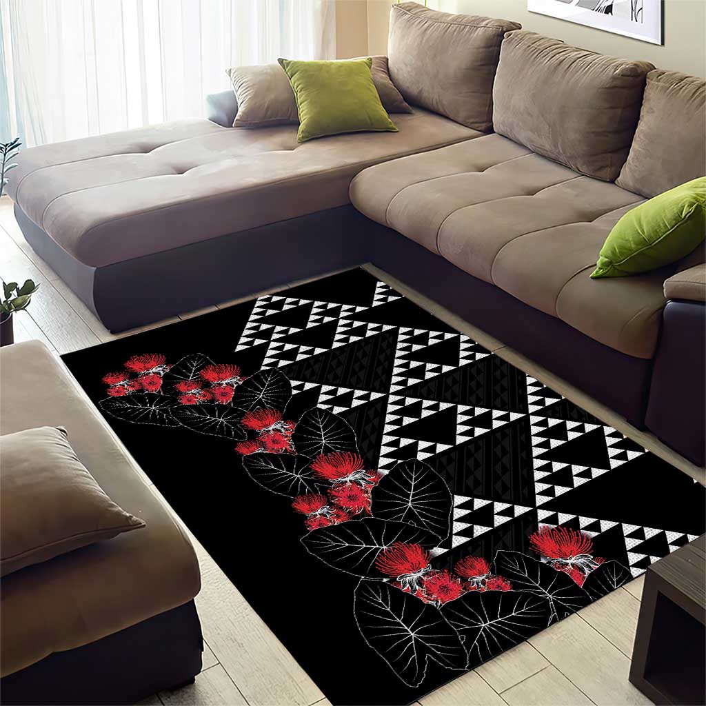 Hawaiian White Kakau Art Tattoo-Ohia Lehua and Taro Leaves Area Rug LT03 - Polynesian Pride