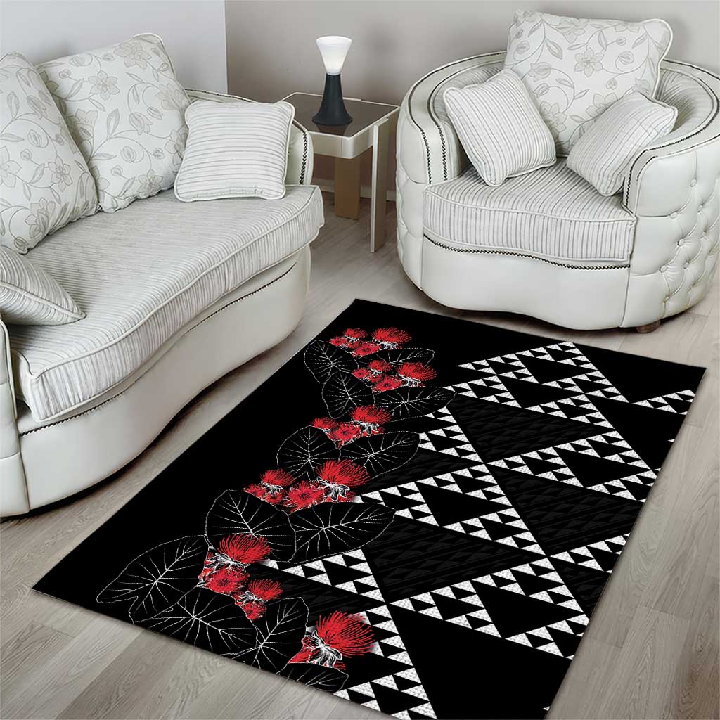 Hawaiian White Kakau Art Tattoo-Ohia Lehua and Taro Leaves Area Rug LT03 - Polynesian Pride