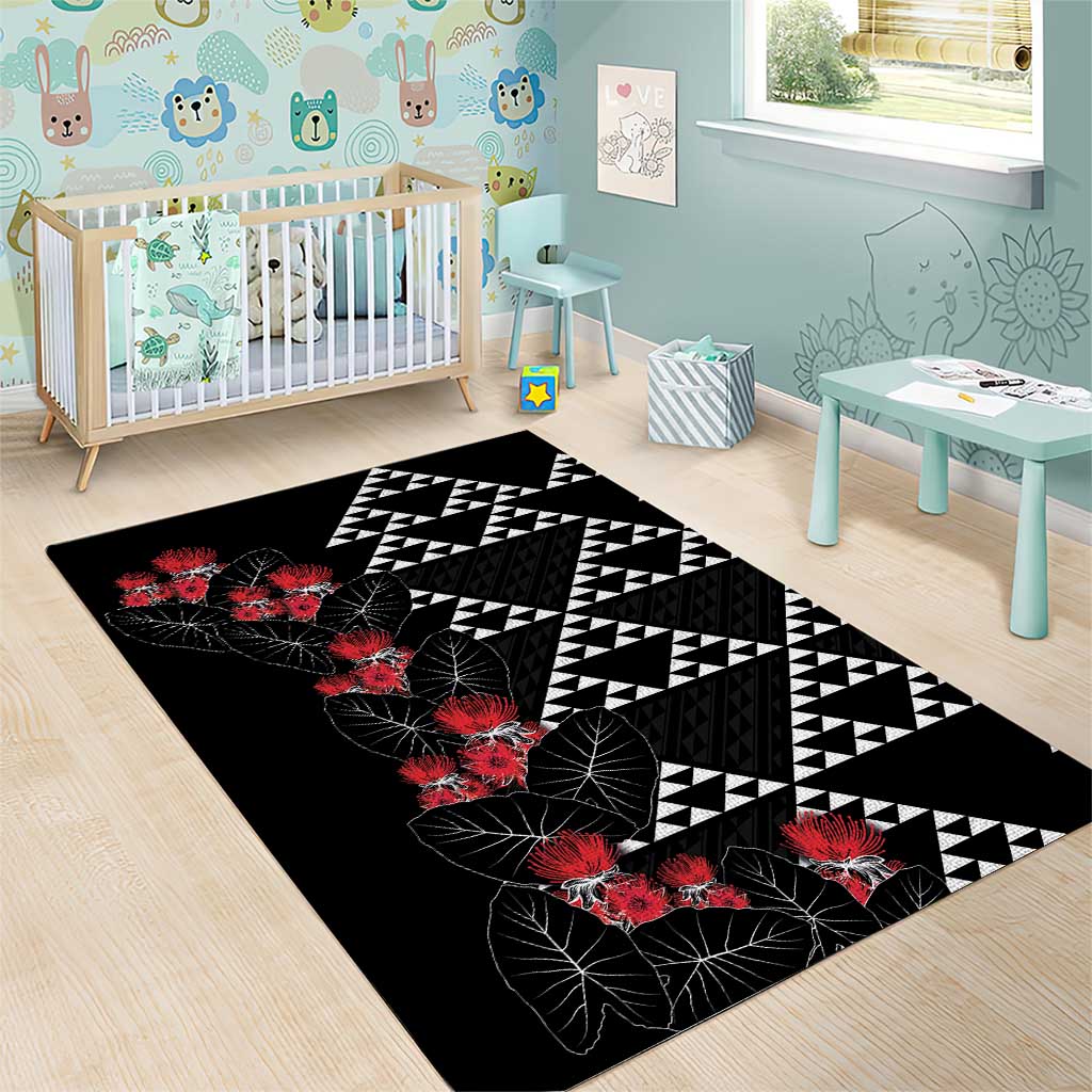 Hawaiian White Kakau Art Tattoo-Ohia Lehua and Taro Leaves Area Rug LT03 - Polynesian Pride