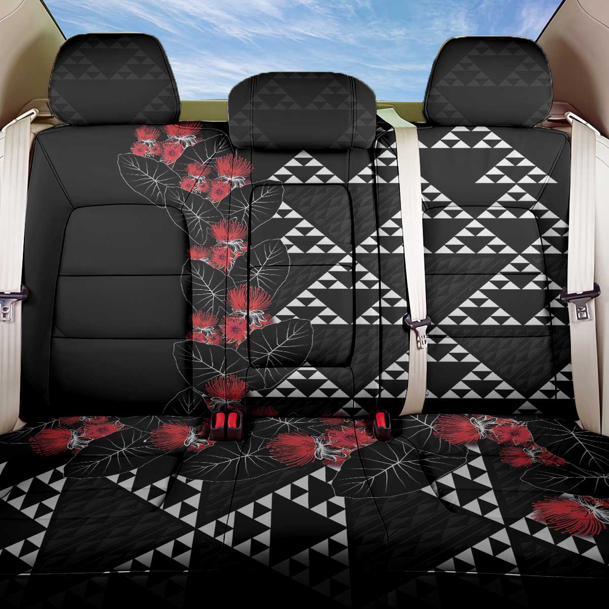 Hawaiian White Kakau Art Tattoo-Ohia Lehua and Taro Leaves Back Car Seat Cover LT03 One Size Black-White - Polynesian Pride