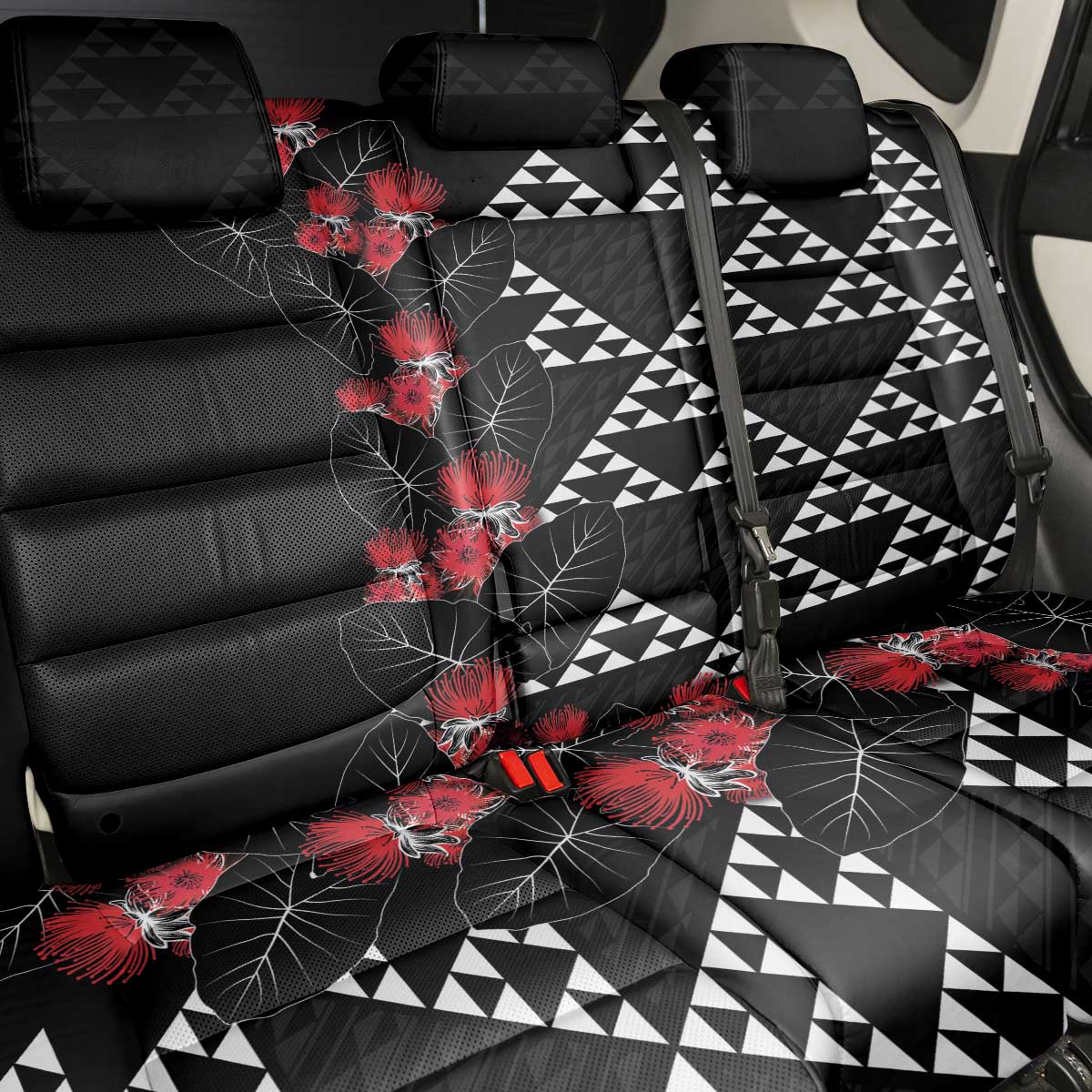 Hawaiian White Kakau Art Tattoo-Ohia Lehua and Taro Leaves Back Car Seat Cover LT03 - Polynesian Pride