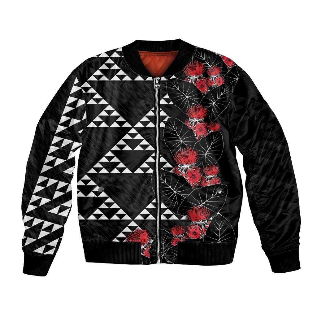 Hawaiian White Kakau Art Tattoo-Ohia Lehua and Taro Leaves Bomber Jacket LT03 Unisex Black-White - Polynesian Pride