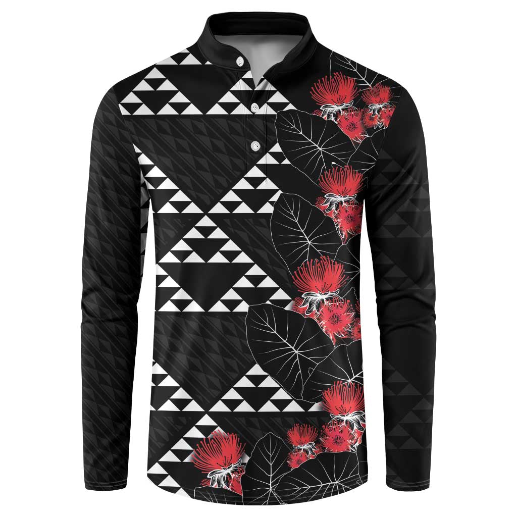 Hawaiian White Kakau Art Tattoo-Ohia Lehua and Taro Leaves Button Sweatshirt LT03 Black-White - Polynesian Pride