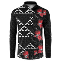Hawaiian White Kakau Art Tattoo-Ohia Lehua and Taro Leaves Button Sweatshirt LT03 Black-White - Polynesian Pride