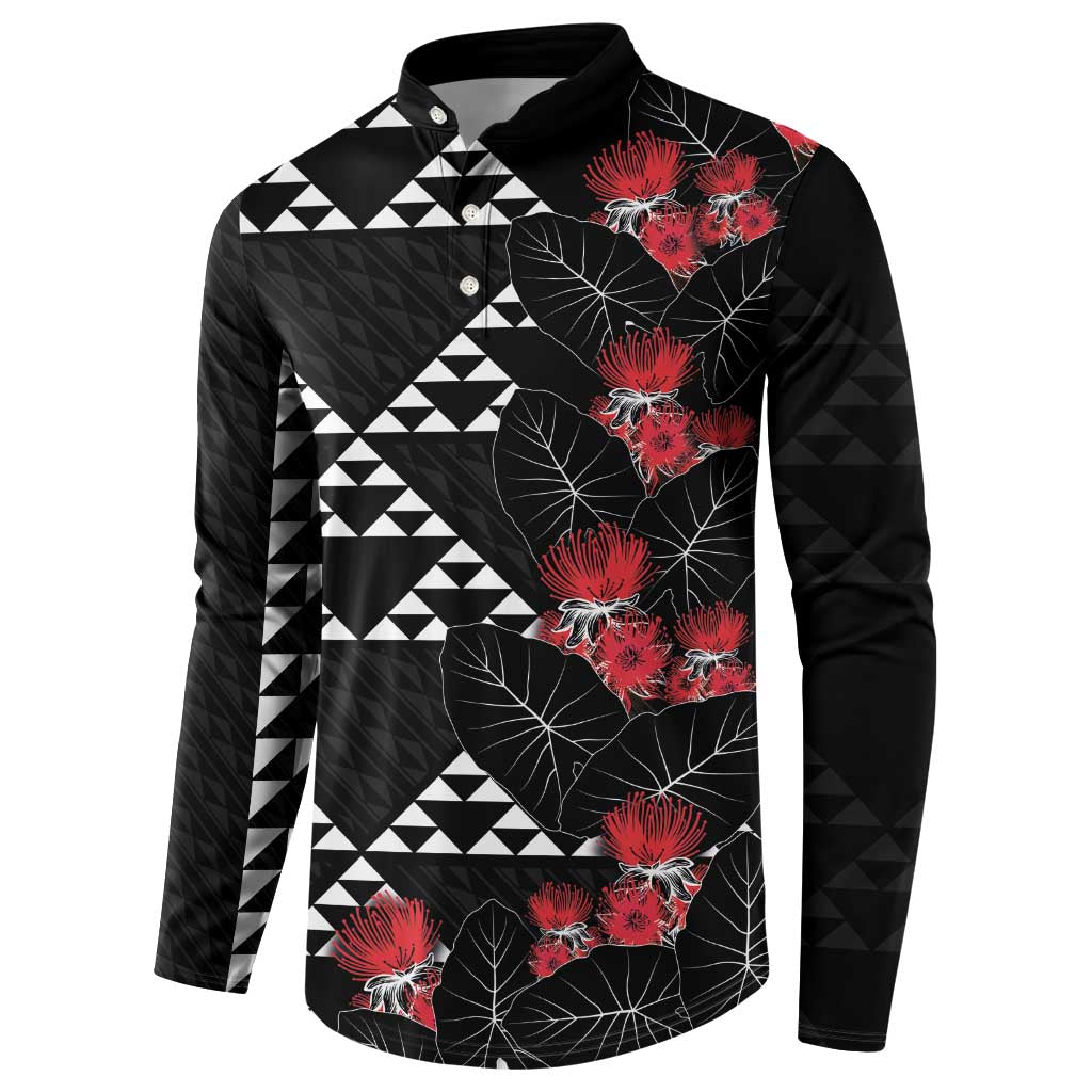 Hawaiian White Kakau Art Tattoo-Ohia Lehua and Taro Leaves Button Sweatshirt LT03 - Polynesian Pride
