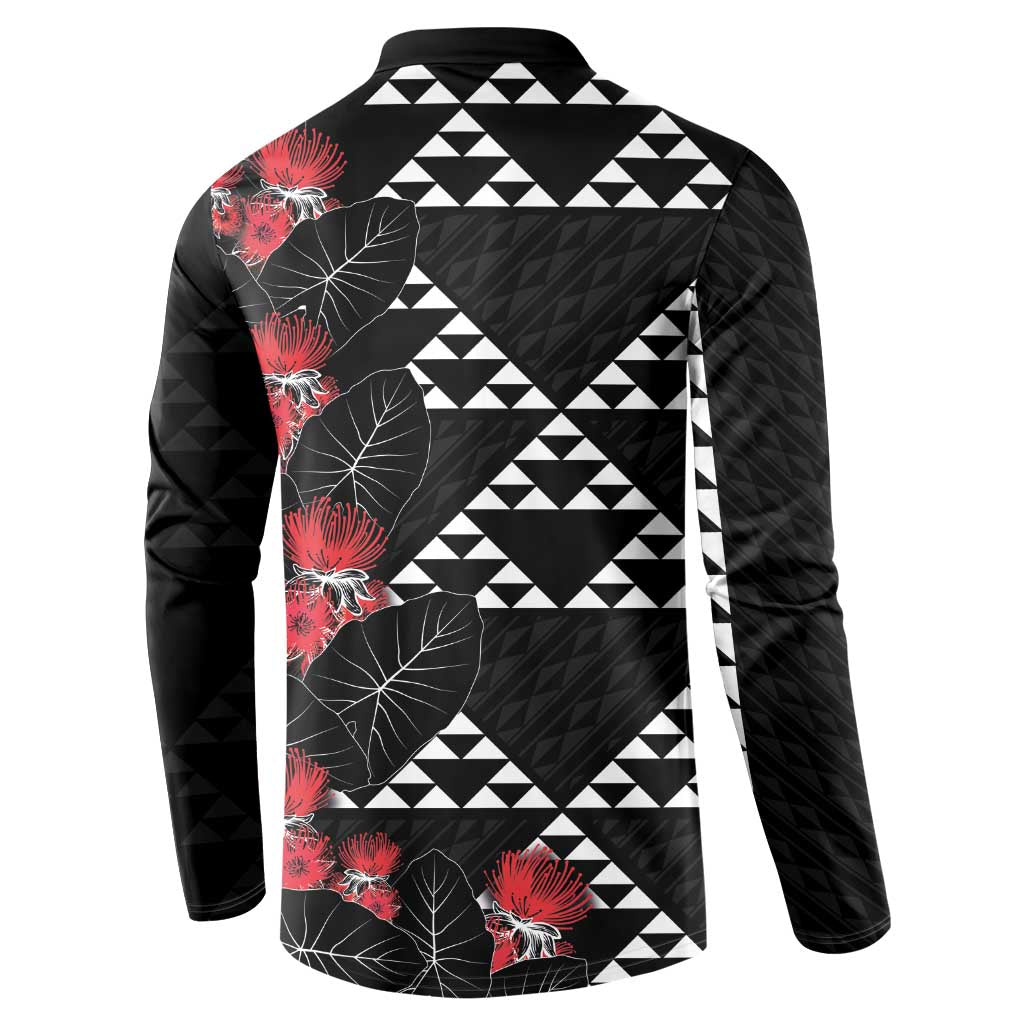 Hawaiian White Kakau Art Tattoo-Ohia Lehua and Taro Leaves Button Sweatshirt LT03 - Polynesian Pride