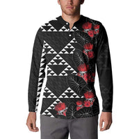 Hawaiian White Kakau Art Tattoo-Ohia Lehua and Taro Leaves Button Sweatshirt LT03 - Polynesian Pride