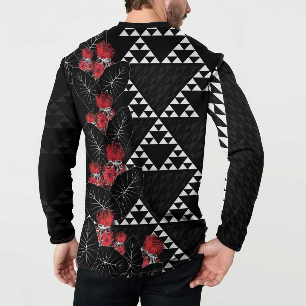 Hawaiian White Kakau Art Tattoo-Ohia Lehua and Taro Leaves Button Sweatshirt LT03 - Polynesian Pride