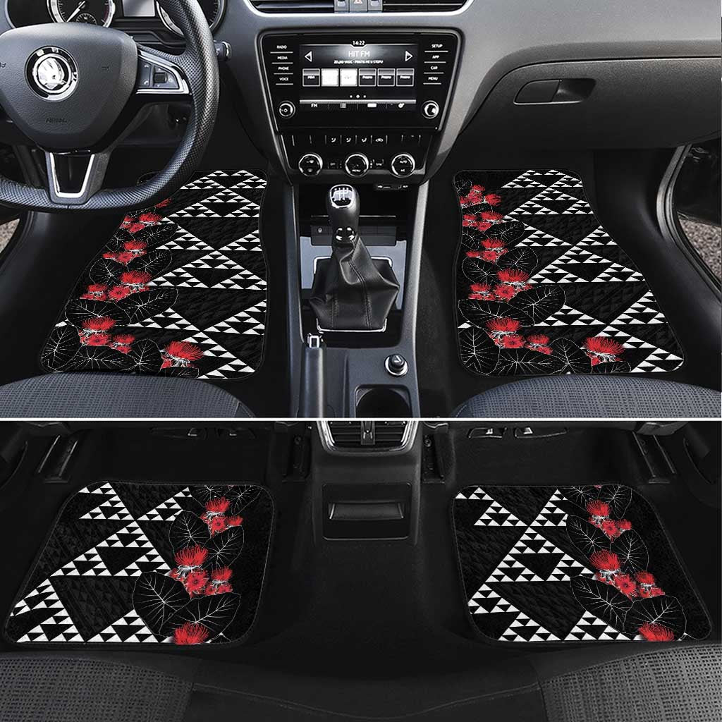 Hawaiian White Kakau Art Tattoo-Ohia Lehua and Taro Leaves Car Mats LT03 Set 4pcs Black-White - Polynesian Pride