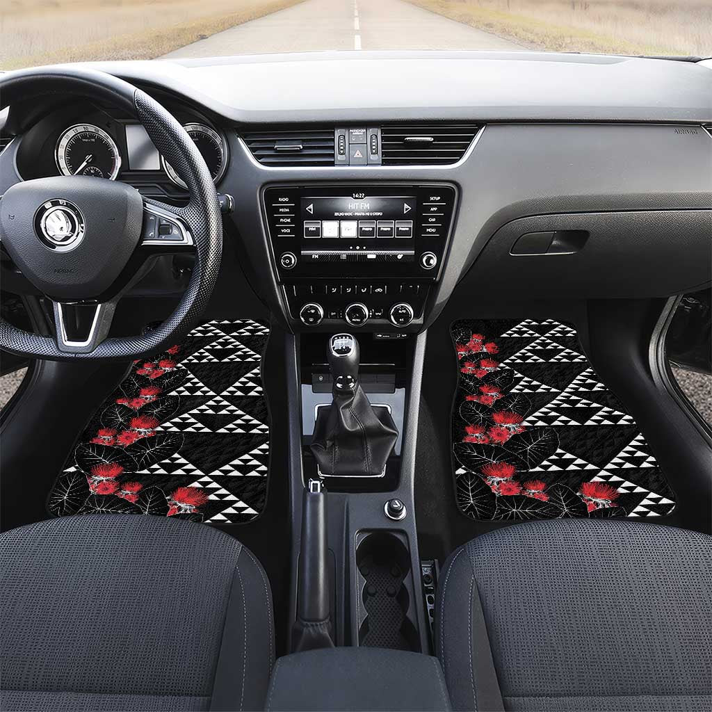 Hawaiian White Kakau Art Tattoo-Ohia Lehua and Taro Leaves Car Mats LT03 Set 2pcs - Front Black-White - Polynesian Pride