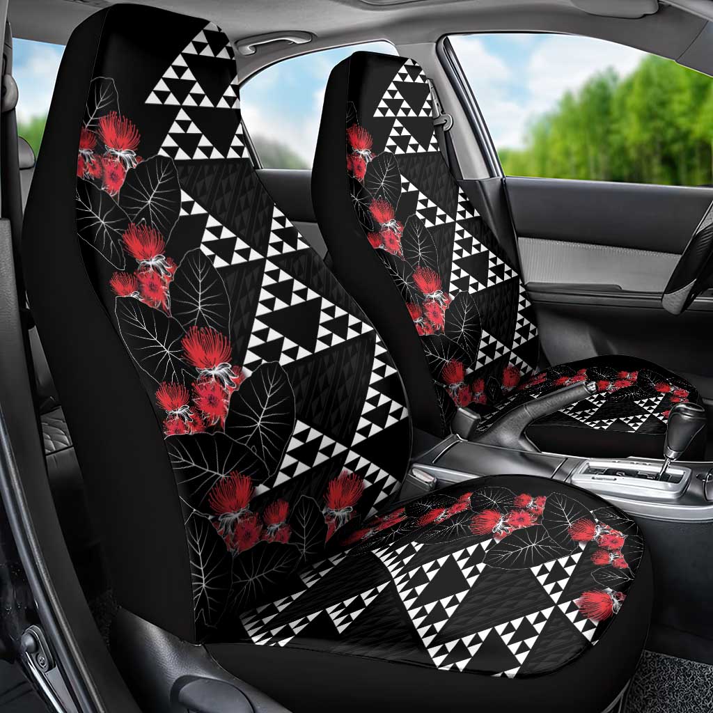 Hawaiian White Kakau Art Tattoo-Ohia Lehua and Taro Leaves Car Seat Cover LT03 - Polynesian Pride
